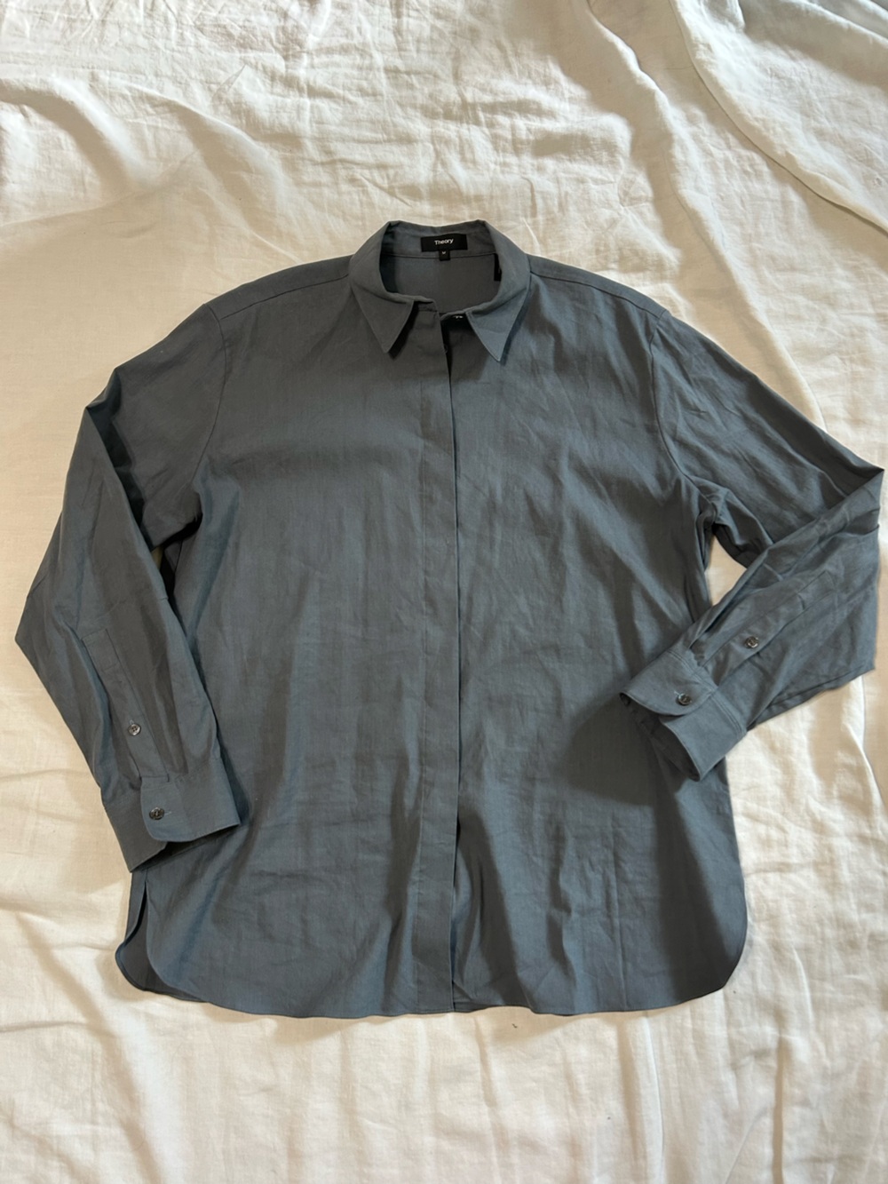 Theory Classic Menswear Grey Button-Up Linen- blend Shirt
